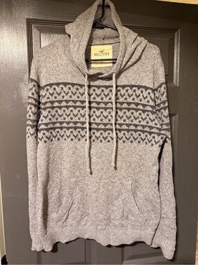 Hollister Light Gray Hooded Fair Isle Pullover
